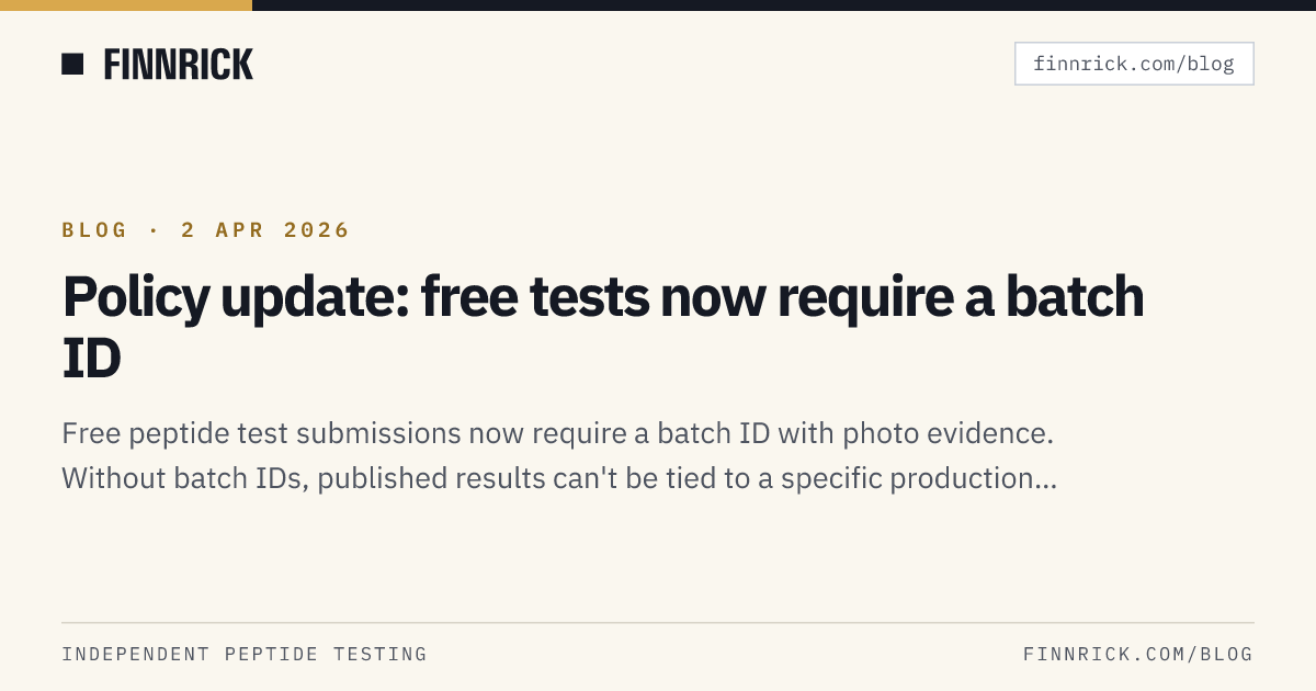 Policy update: free tests now require a batch ID · Finnrick