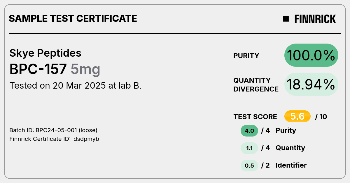 BPC-157 by Skye Peptides - Test Certificate - Finnrick Analytics BPC-157 by Skye Peptides - Test Certificate - Finnrick Analytics