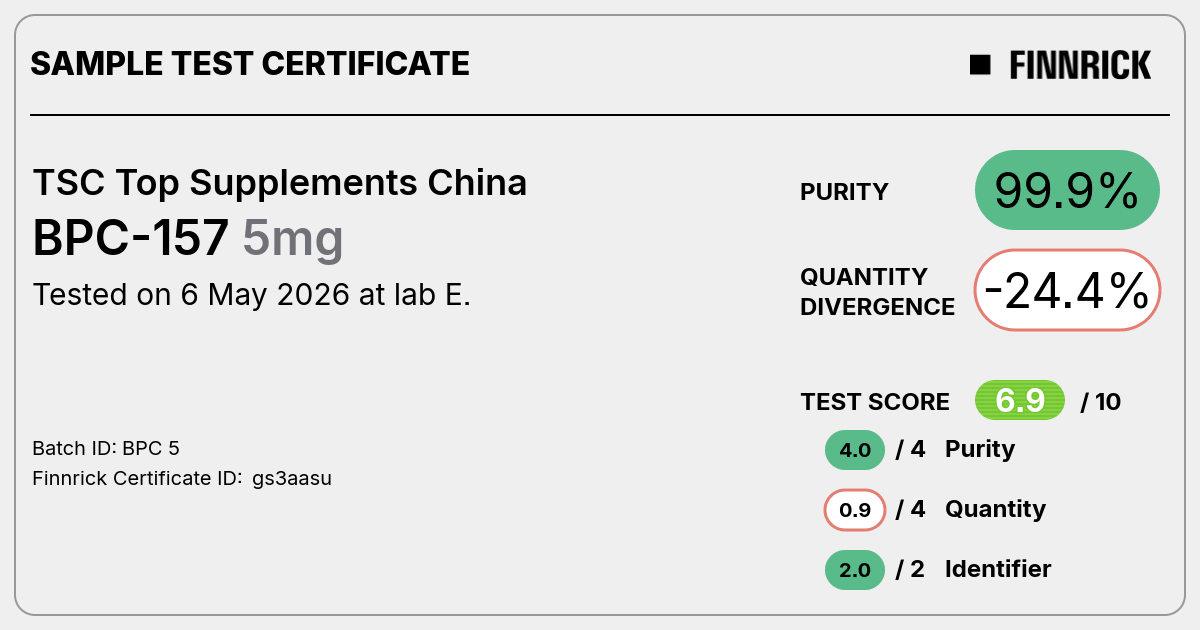 BPC-157 by TSC Top Supplements China - Test Certificate - Finnrick Analytics BPC-157 by TSC Top Supplements China - Test Certificate - Finnrick Analytics