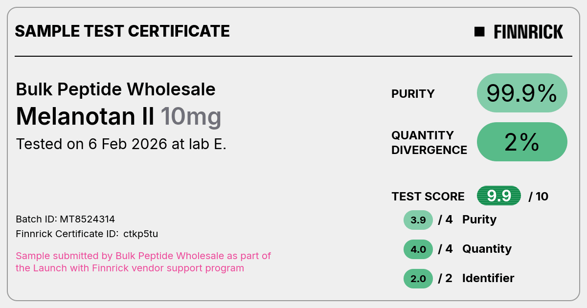Melanotan II by Bulk Peptide Wholesale - Test Certificate - Finnrick  Analytics