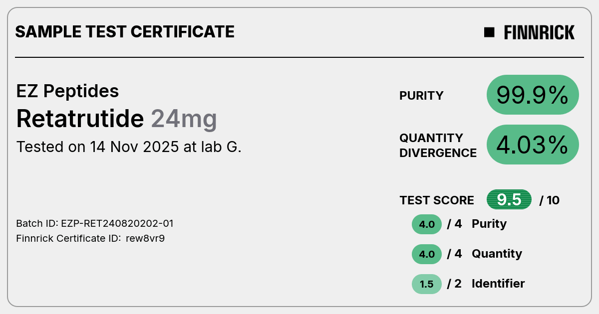 Retatrutide by EZ Peptides - Test Certificate - Finnrick Analytics Retatrutide by EZ Peptides - Test Certificate - Finnrick Analytics