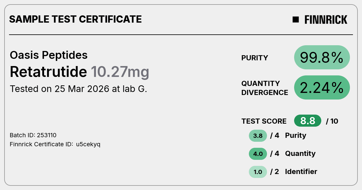 Retatrutide by Oasis Peptides - Test Certificate - Finnrick Analytics Retatrutide by Oasis Peptides - Test Certificate - Finnrick Analytics