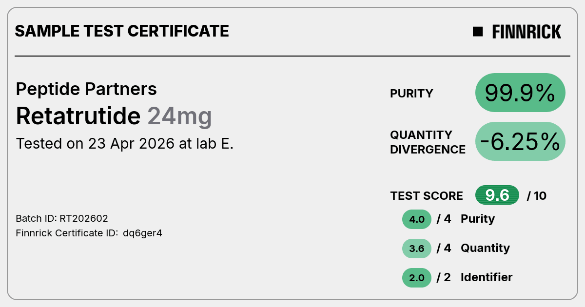 Retatrutide by Peptide Partners - Test Certificate - Finnrick Analytics Retatrutide by Peptide Partners - Test Certificate - Finnrick Analytics
