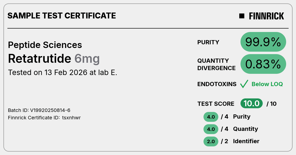 Retatrutide by Peptide Sciences - Test Certificate - Finnrick Analytics Retatrutide by Peptide Sciences - Test Certificate - Finnrick Analytics