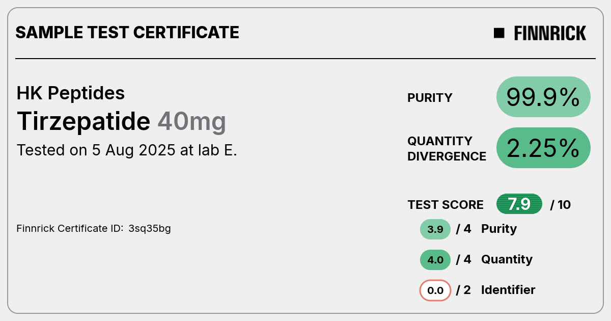 Tirzepatide by HK Peptides - Test Certificate - Finnrick Analytics Tirzepatide by HK Peptides - Test Certificate - Finnrick Analytics